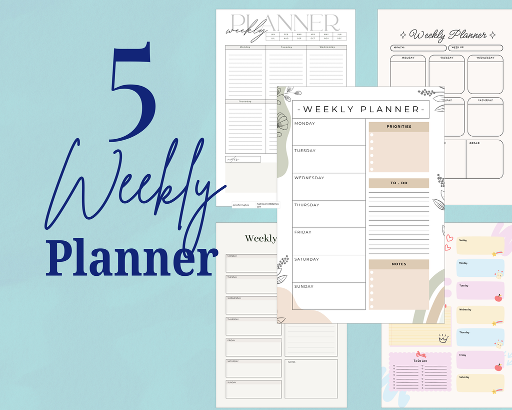 5 Printable Weekly Planner Bundle PDF PNG | Vertical & Horizontal Layouts | Time Blocking Template | To Do List Agenda | Desk Schedule | Instant Download