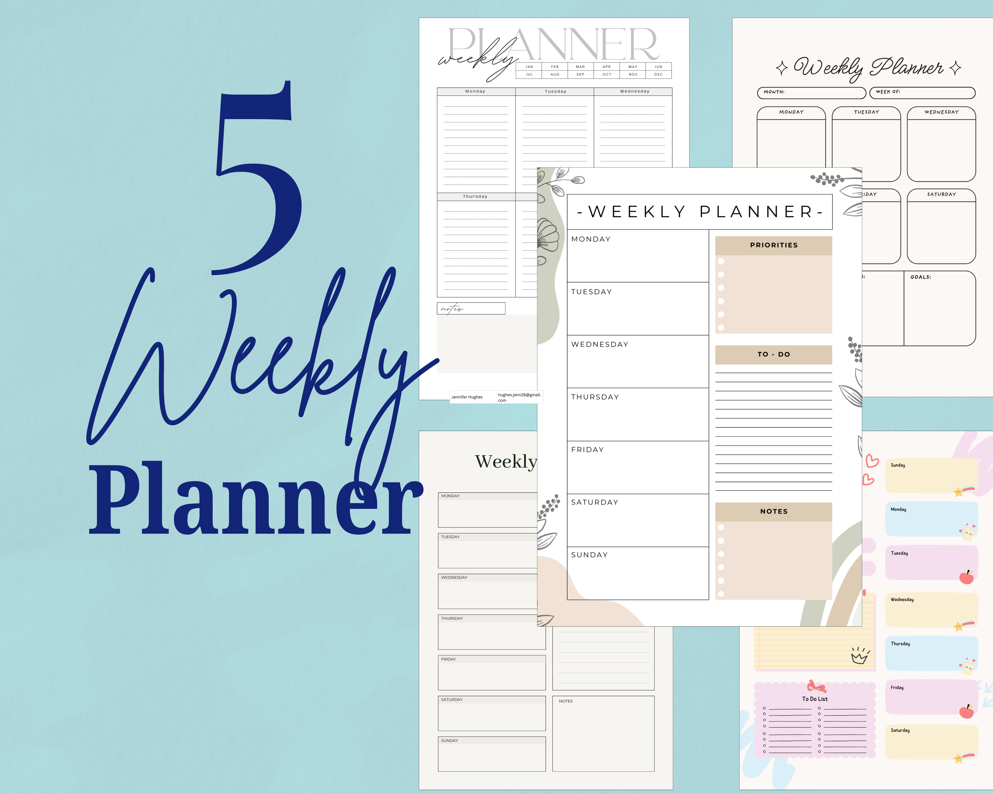 5 Printable Weekly Planner Bundle PDF PNG | Vertical & Horizontal Layouts | Time Blocking Template | To Do List Agenda | Desk Schedule | Instant Download