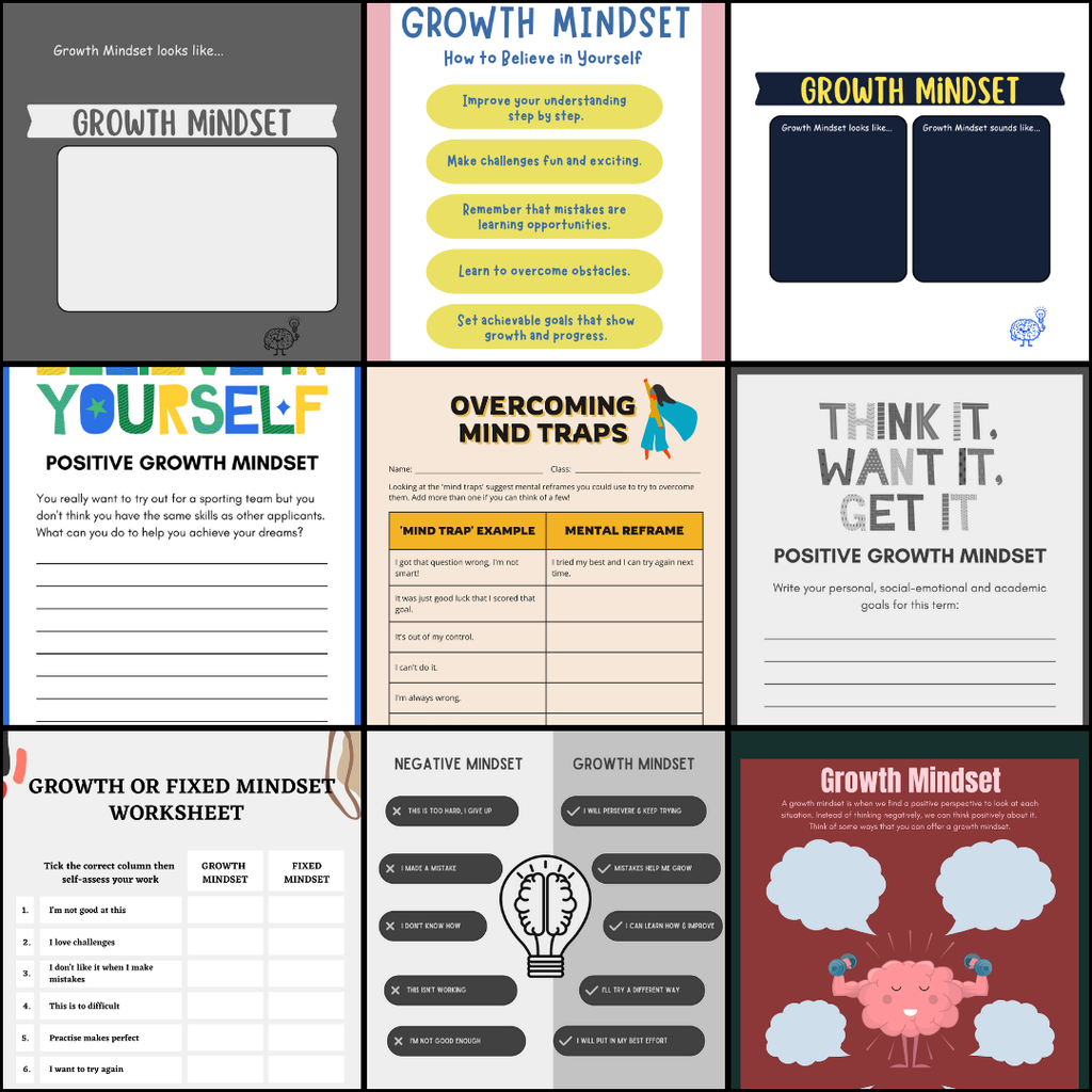 Growth Mindset Worksheet PDF PNG | Fixed vs Growth Mindset | The Power of Yet | Resilience Activity | Therapy Office Tool | Classroom Print | Instant Download