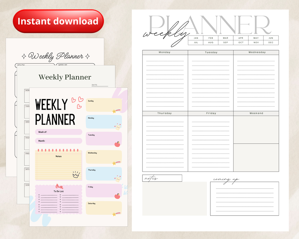 5 Printable Weekly Planner Bundle PDF PNG | Vertical & Horizontal Layouts | Time Blocking Template | To Do List Agenda | Desk Schedule | Instant Download