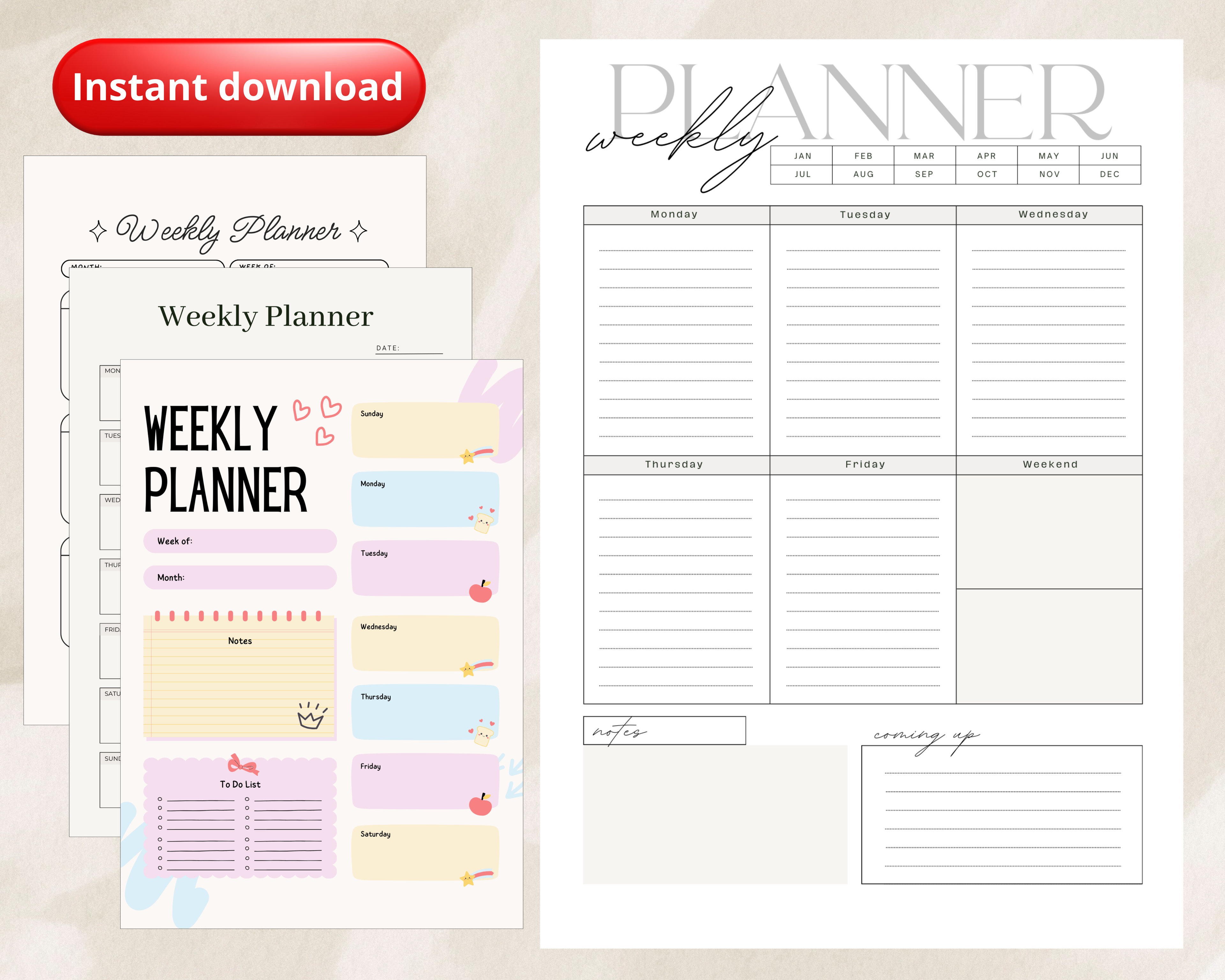 5 Printable Weekly Planner Bundle PDF PNG | Vertical & Horizontal Layouts | Time Blocking Template | To Do List Agenda | Desk Schedule | Instant Download