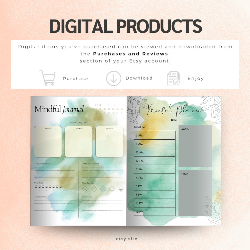 Mindfulness Journal PDF PNG | Daily Gratitude Log | Anxiety Relief Worksheet | Mood Tracker | Morning Manifestation | Mental Health Notebook | Instant Download