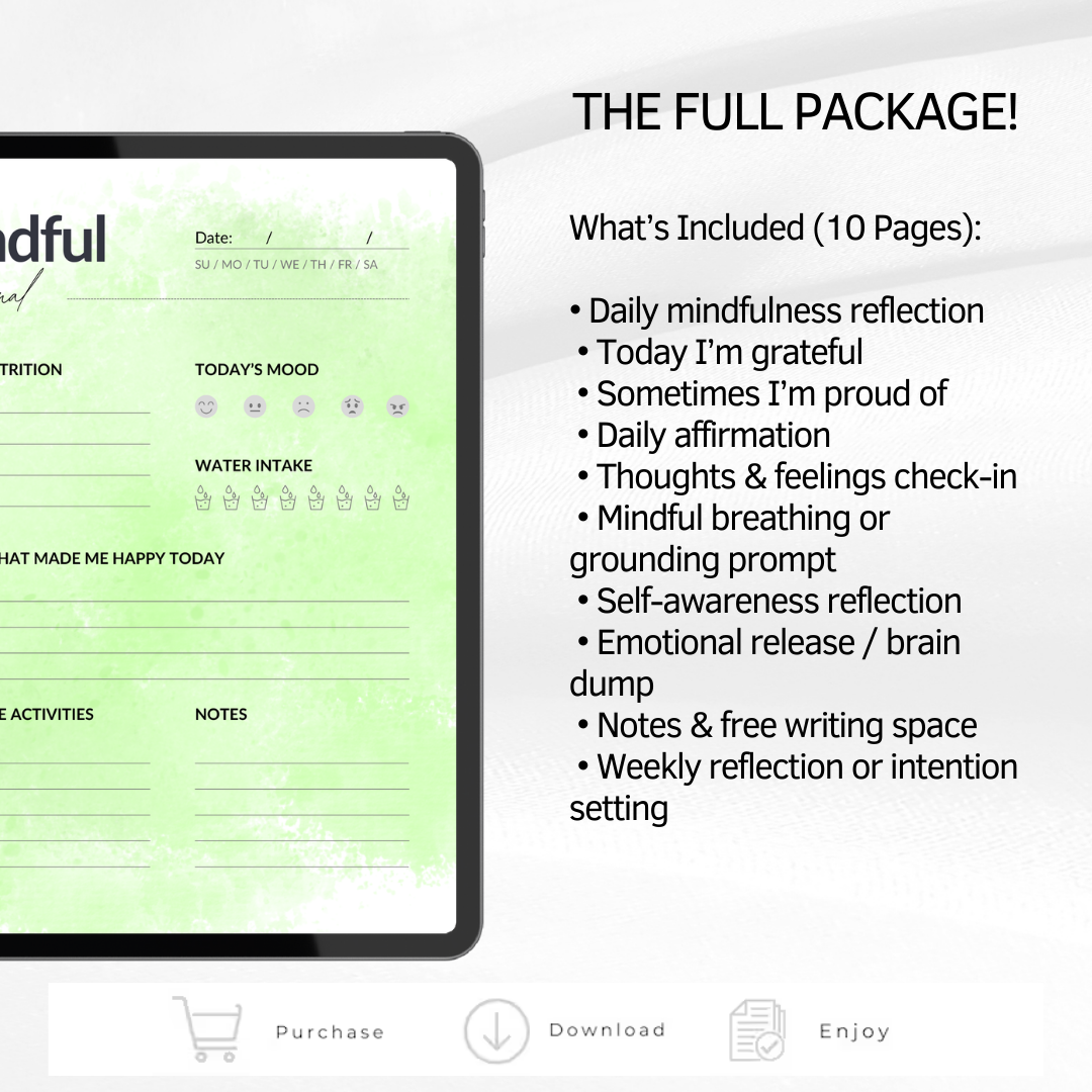 Mindfulness Journal PDF PNG | Daily Gratitude Log | Anxiety Relief Worksheet | Mood Tracker | Morning Manifestation | Mental Health Notebook | Instant Download